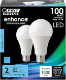 Feit Electric A19 100W Equivalent LED Light Bulbs, Dimmable, 5000k Daylight, 1600 Lumens, 22 Year Lifetime, E26 Base, CRI 90, UL Listed, Damp Rated, 2 Pack, OM100DM/950CA/2