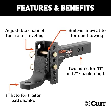 CURT 45901 Adjustable Trailer Hitch Ball Mount, 2-Inch Receiver, 6-3/4-Inch Drop, 1-Inch Hole, 6,000 lbs