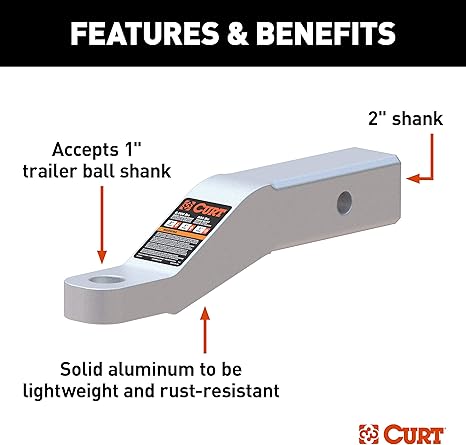 CURT 45360 Aluminum Trailer Hitch Ball Mount, Fits 2-Inch Receiver, 8,000 lbs, 1-Inch Hole, 2-in Drop, 1-in Rise