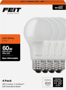Feit Electric A19 LED Light Bulbs, 60W Equivalent, Non-Dimmable, 800 Lumens, E26 Standard Base, 2700k Soft White, 80 CRI, 10 Year Lifetime, Energy Efficient, 4 Pack, A800/827/10KLED/4