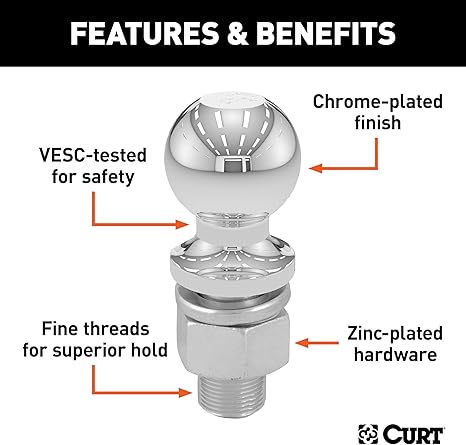 CURT 40037 Chrome Trailer Hitch Ball, 7,500 lbs, 2-Inch Diameter, 1 x 2-1/8-Inch Shank