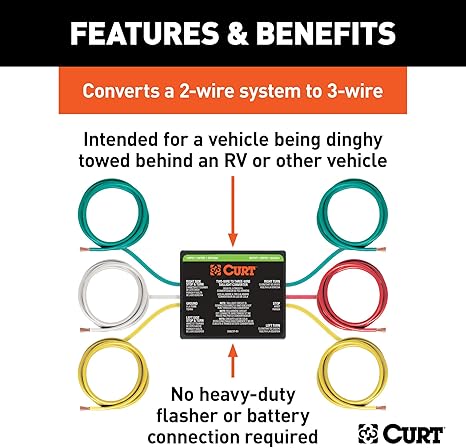 CURT 56196 2-to-3-Wire Splice-in Trailer Tail Light Converter for RV Dinghy Towing