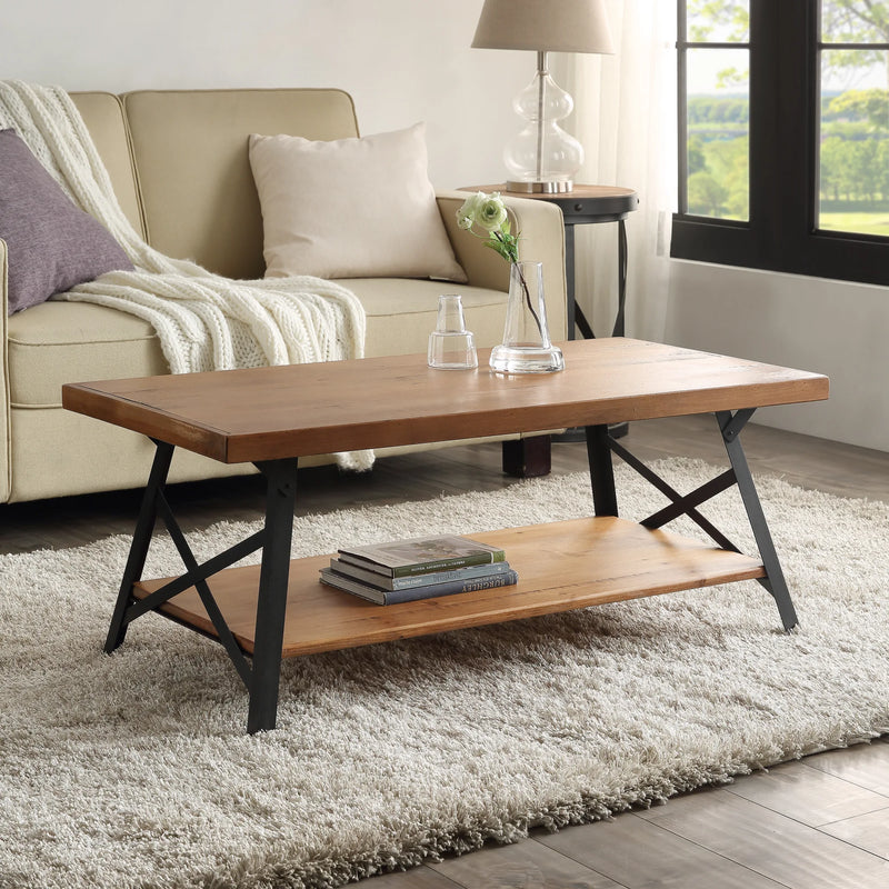 43'' Metal Legs Rustic Coffee Table, Solid Wood Tabletop