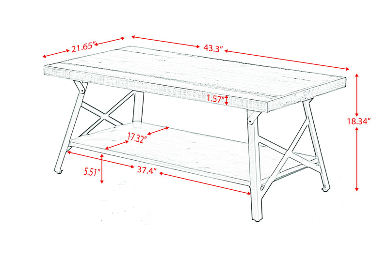 43'' Metal Legs Rustic Coffee Table, Solid Wood Tabletop