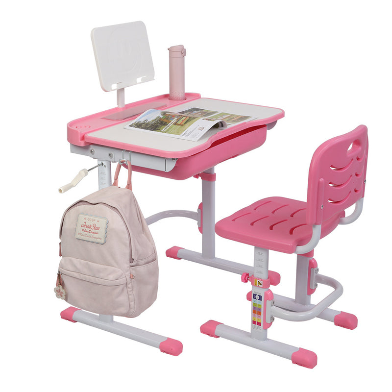 Kids Functional Desk and Chair Set, Height Adjustable Children School Study Desk with Tilt Desktop, Bookstand, Metal Hook and Storage Drawer for Boys Girls