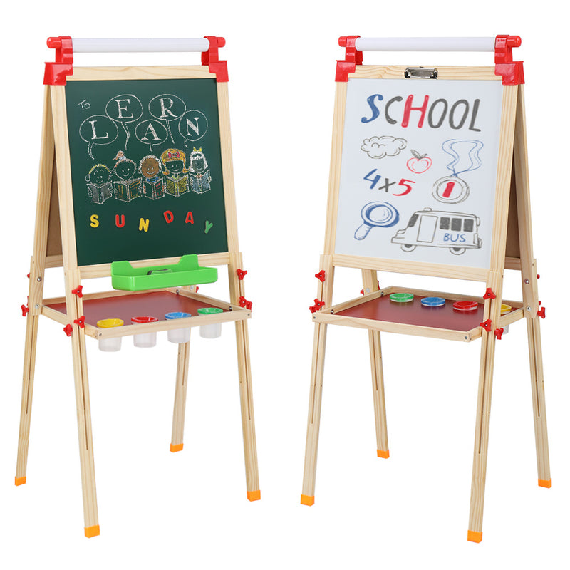 Kids Wooden Art Easel Double-Sided Whiteboard and Chalkboard Adjustable Standing Easel with Paper Roll Holder