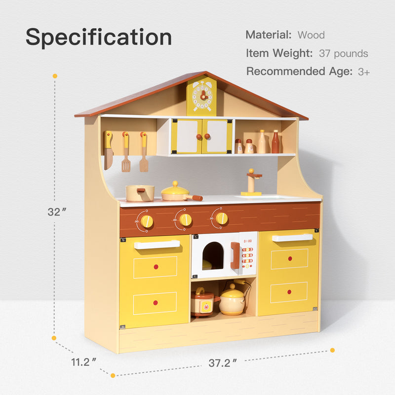 Wooden Pretend Play Kitchen Set for Kids Toddlers; Toys Gifts for Boys and Girls; Yellow