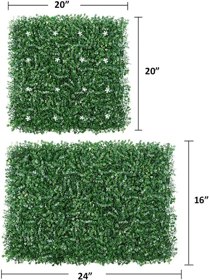 Artificial Hedge Boxwood Panels Plant Faux Greenery Panels UV Protected Privary Screen Indoor Outdoor Use Garden Fence Home Decor Greenery Panels Wall Pack of 6 Pieces 20''x 20''