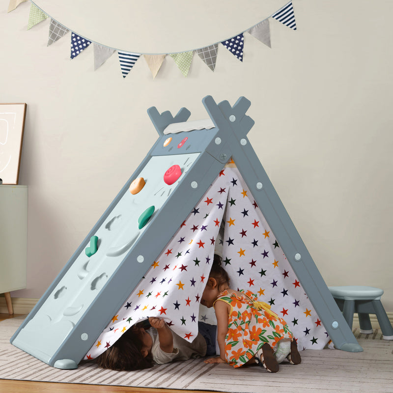 Kids Play Tent - 4 in 1 Teepee Tent with Stool and Climber, Foldable Playhouse Tent for Boys & Girls