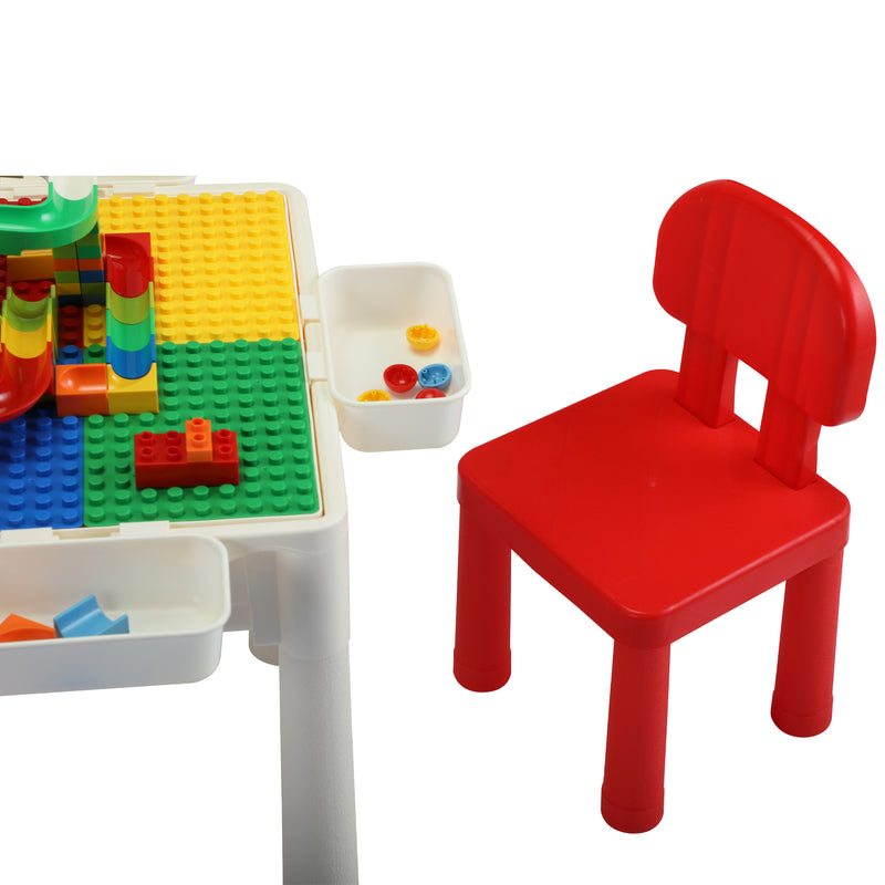 6-In-1 Multi Activity Plastic Table and 2 Chair Set;  Play Block Table with 71 PCS Compatible Big Building Bricks Toy for Toddlers;  Water Table;  Play Learn xh