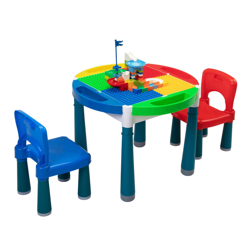 6-In-1 Multi Activity Plastic Table and 2 Chair Set;  Play Block Table with 71 PCS Compatible Big Building Bricks Toy for Toddlers;  Water Table;  Play Learn xh