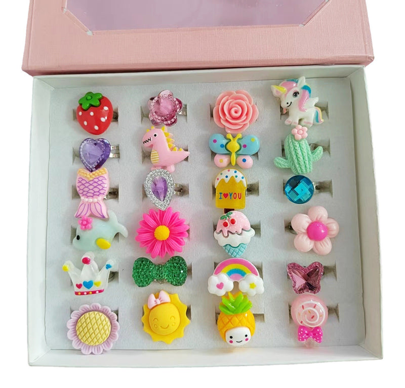 PinkSheep Little Girl Jewel Rings In Box; Adjustable; No Duplication; Girl Pretend Play And Dress Up Rings (24 Lovely Ring)