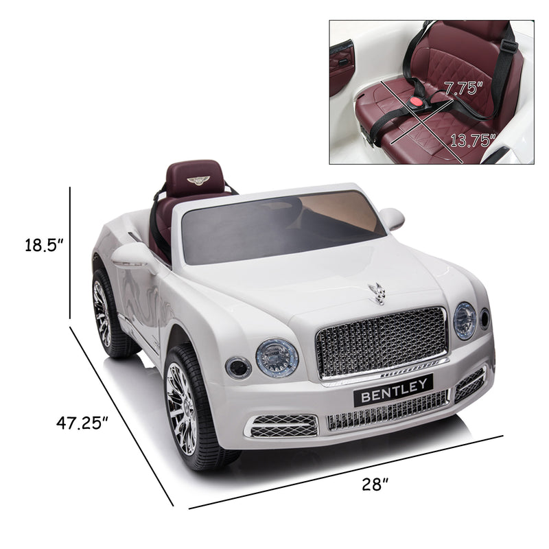 12V Electric Kid Ride On Car; Bentley Mulsanne Licensed Cars for Kids; Battery Powered Kids Ride-on Car White; 4 Wheels Motorized Vehicles Children Toys; 2 Speeds; LED Headlights