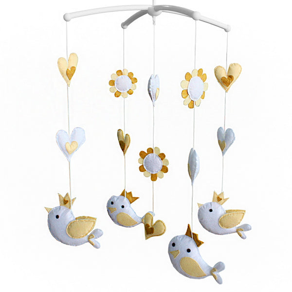 Yellow Birds Flowers Hearts Handmade Infant Baby Musical Mobile Boys Girls Nursery Crib Mobile Hanging Toy