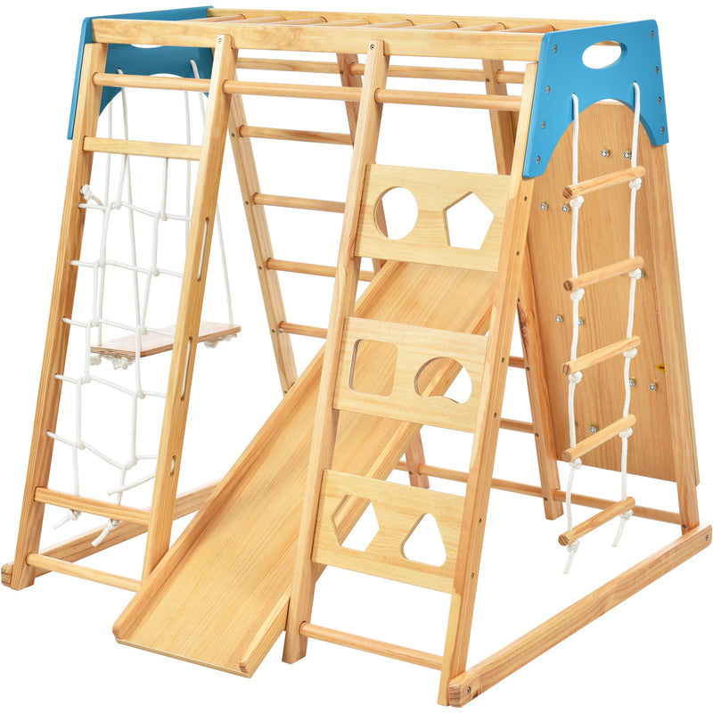 Wooden Indoor Kids Playground Jungle Gym with Slide; Toddlers Wooden Climber 8-in-1 Slide Playset; Wooden Rock Climbing Wall with Rope Wall Climb; Monkey Bars; and Swing for Kids