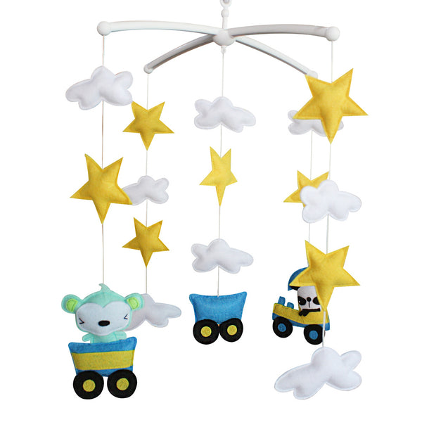 Baby Crib Bell Handmade Musical Mobile Baby Shower Gift Nursery Decor; Yellow Star and Flying Train