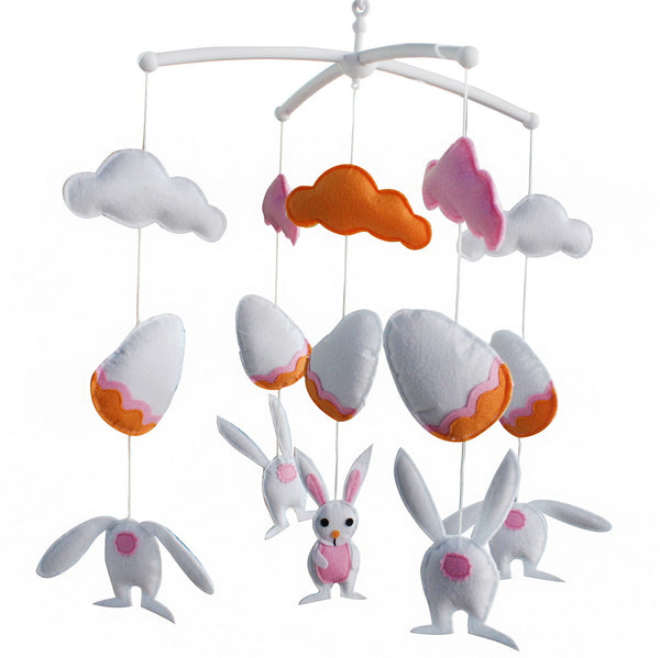 Handmade Baby Crib Mobile Baby Musical Mobile Nursery Room Hanging Animal Toy Decor; White Rabbit and Easter Eggs