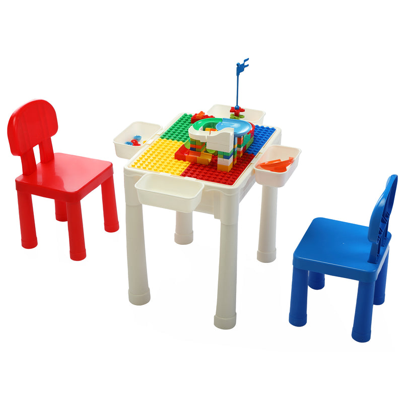 6-In-1 Multi Activity Plastic Table and 2 Chair Set;  Play Block Table with 71 PCS Compatible Big Building Bricks Toy for Toddlers;  Water Table;  Play Learn xh