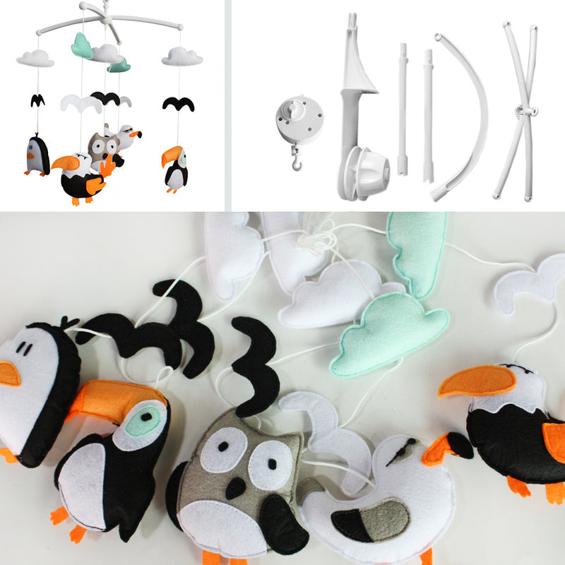 Black White Parrot Sea Gull Penguin Woodpecker Handmade Baby Musical Crib Mobile Boys Girls Nursery Mobile Hanging Toy