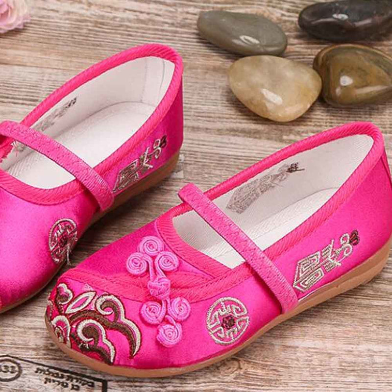 Hot Pink - Girls Ballet Flats Chinese Traditional Embroidery Shoes Slip-on Shoes