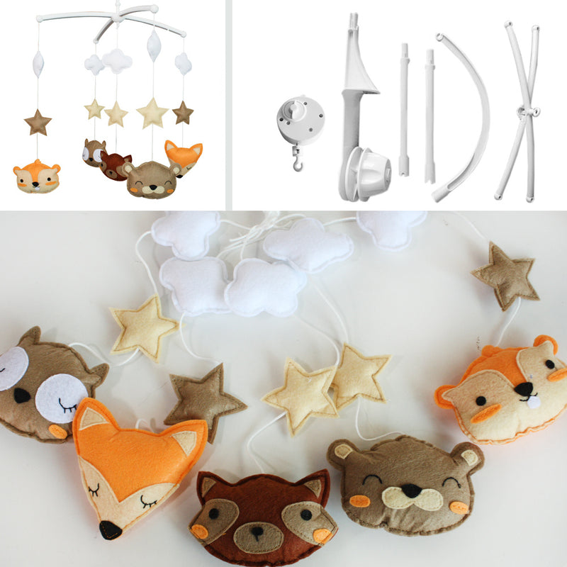 Baby Crib Mobile Animal Musical Crib Mobile Nursery Room Hanging Decor Toy Orange Brown Fox Bear Hamster Star