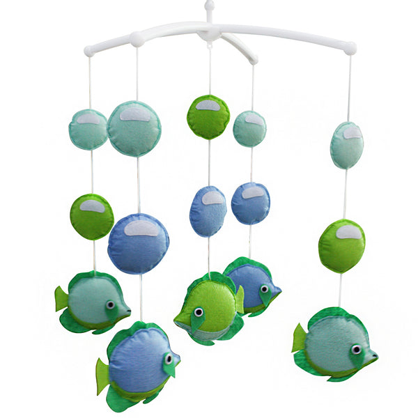 Baby Crib Mobile Infant Room Nursery Bed Decor Hanging Toy Musical Mobile for Boys Girls; Green and Blue Ocean Fishes