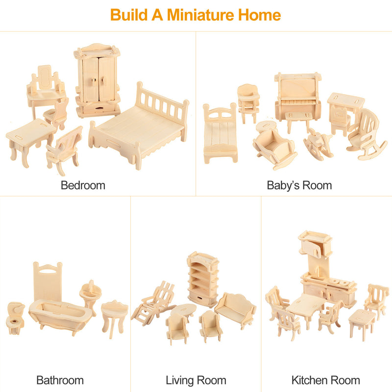 3D Wooden Dollhouse Furniture Puzzles DIY Miniature Furniture Models Set