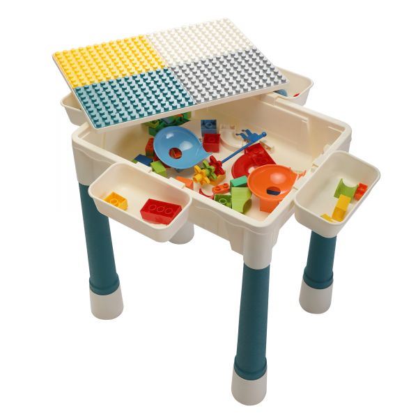 6-In-1 Multi Activity Plastic Table and 2 Chair Set;  Play Block Table with 71 PCS Compatible Big Building Bricks Toy for Toddlers;  Water Table;  Play Learn xh