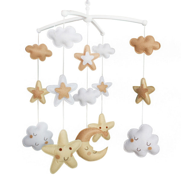 Baby Crib Bell Handmade Musical Mobile Brown Stars and Moon Baby Shower Gift Nursery Decor