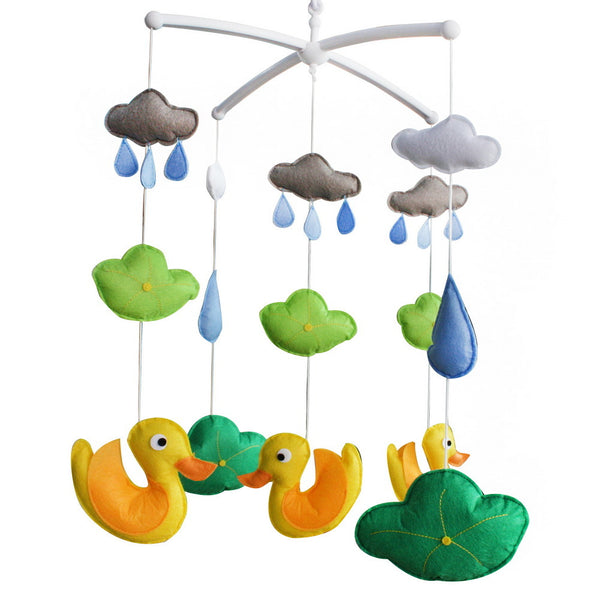 Yellow Ducks Green Lotus Leaf Raindrops Handmade Baby Crib Mobile Boys Girls Musical Mobile Infant Nursery Hanging Toy