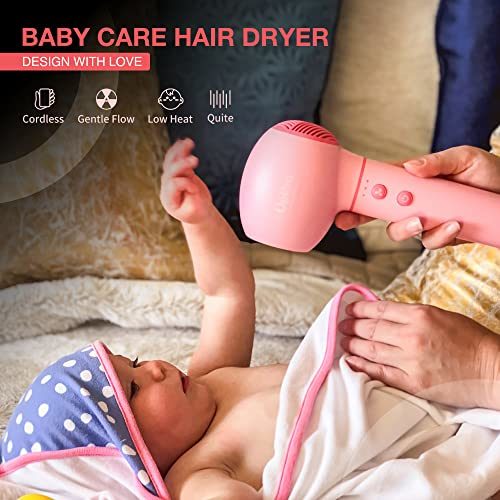 UpPro Gentle Cordless Low Heat/Speed Baby Hair Dryer for Infant; Mini Hair Dryer for Toddler; Baby Butt Blow Dryer for Diaper Rash Prevention; Suits Thin Hair Better(0-3Y Pink)