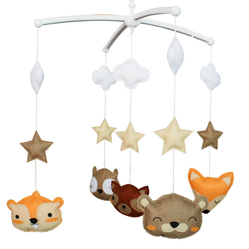 Baby Crib Mobile Animal Musical Crib Mobile Nursery Room Hanging Decor Toy Orange Brown Fox Bear Hamster Star