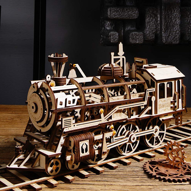 Robotime ROKR 3D Wooden Puzzle Train Model Clockwork Gear Drive Locomotive Assembly Model Building Kit Toys for Children LK701