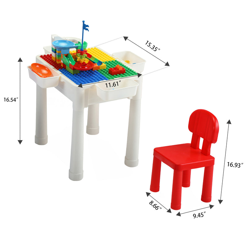 6-In-1 Multi Activity Plastic Table and 2 Chair Set;  Play Block Table with 71 PCS Compatible Big Building Bricks Toy for Toddlers;  Water Table;  Play Learn xh