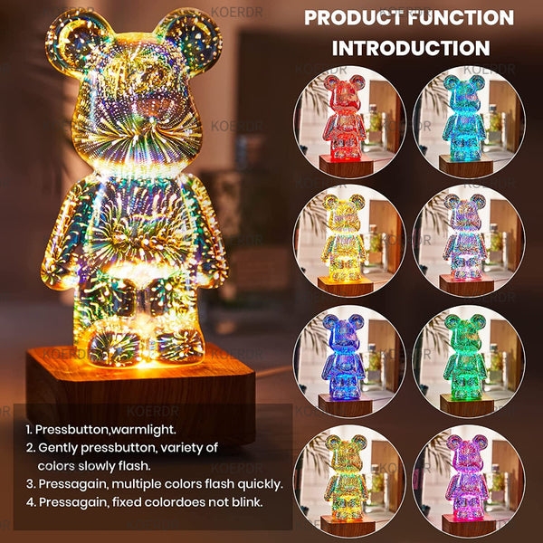 3D Fireworks Bear Night Light Projection Colorful USB Atmosphere Dimming Decor Room 3D Glass Fireworks Bedroom Living Decorative