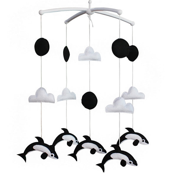 Baby Crib Mobile Handmade Infant Toy Nursery Bed Decoration Musical Crib Mobile for Boys and Girls Baby Shower; Black and White Dolphin