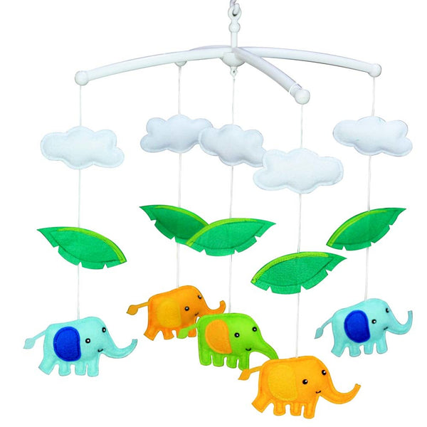 Blue Orange Green Elephants Baby Crib Mobile Handmade Non-Woven Musical Mobile Crib Toy Nursery Room Decor