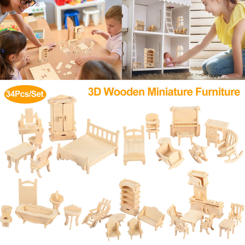 3D Wooden Dollhouse Furniture Puzzles DIY Miniature Furniture Models Set