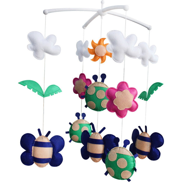 Green Ladybird Blue Butterfly Handmade Baby Musical Crib Mobile Hanging Toy Gift Boys Girls Nursery Room Decor