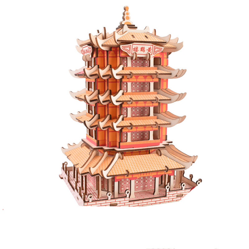 3D Wooden Puzzle for Adult Yellow Crane Tower DIY Assembly Chinese Cityscape Model Home Decor Gift