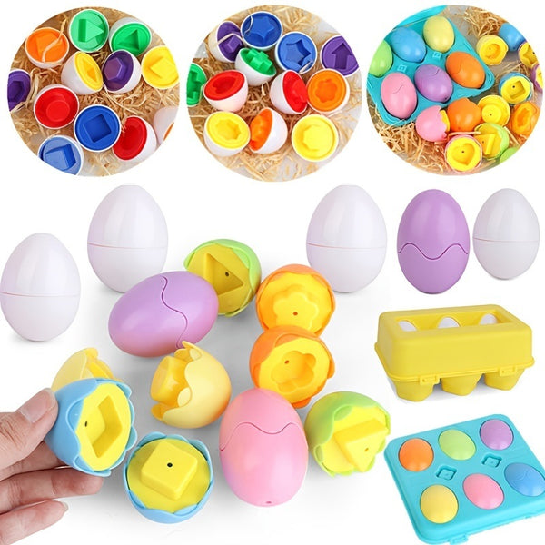 Color Shape Matching Eggs; Educational Easter Eggs Set Toy With Blue Egg Holder; Early Learning Shapes & Sorting Recognition Puzzle Skills Study For Toddlers Kids Easter Basket Stuffers Gifts