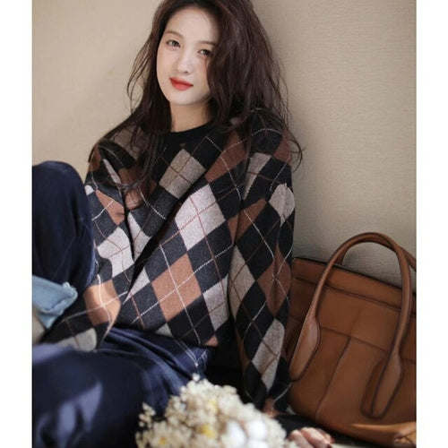 Rhomb patchwork color thickened round neck cashmere knitwear women's