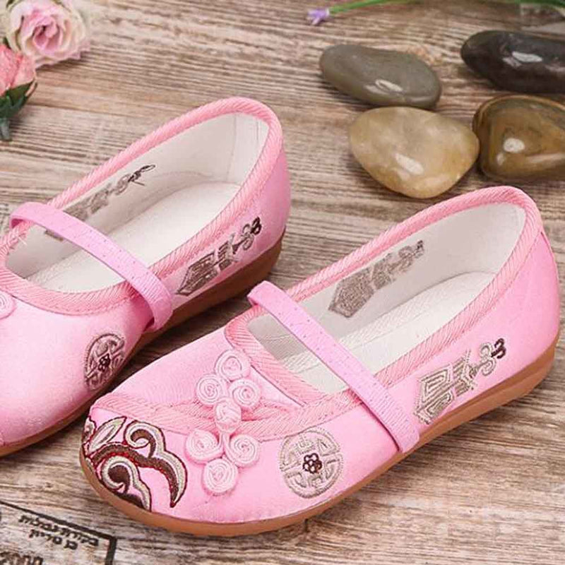 Pink - Girls Ballet Flats Chinese Traditional Embroidery Shoes Slip-on Shoes