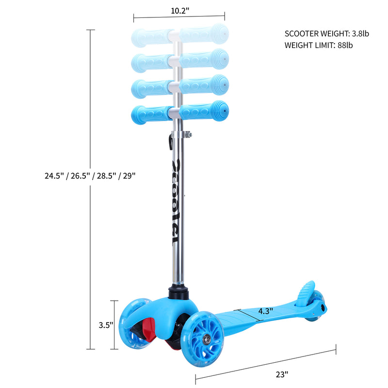 SimpleLux Kids Scooter - 4 Adjustable Height; Extra-Wide Deck with Brake &amp; 3 PU Flashing Wheels; Over 3 Years Old; Blue