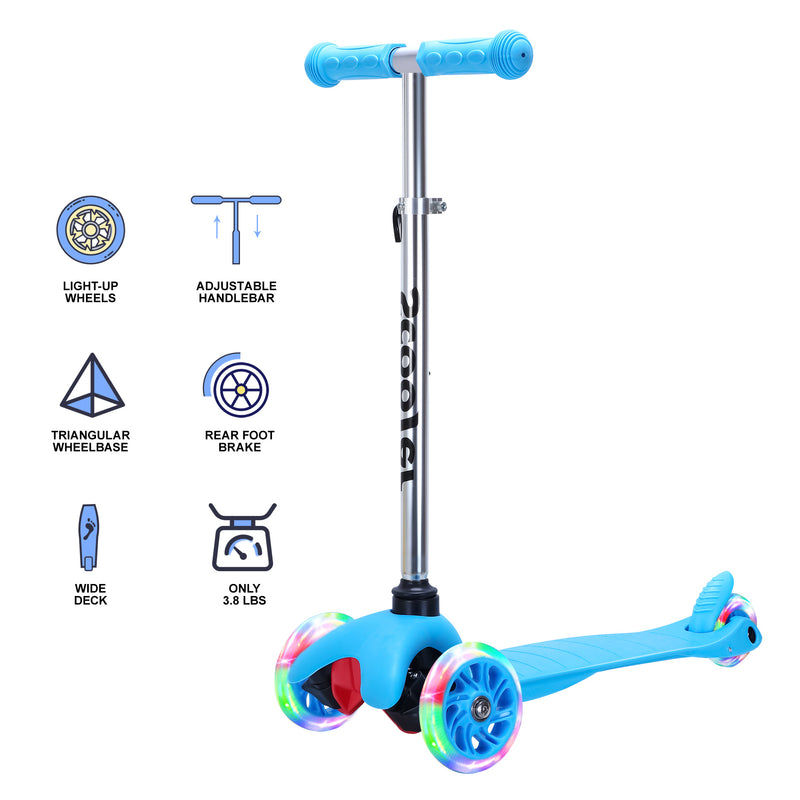 SimpleLux Kids Scooter - 4 Adjustable Height; Extra-Wide Deck with Brake &amp; 3 PU Flashing Wheels; Over 3 Years Old; Blue