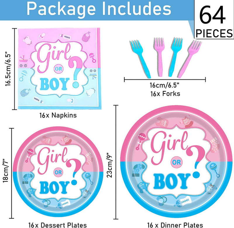 Gender Reveal Tableware Plates Baby Shower Boy or Girl Birthday Party Supplies Disposable Paper Dinnerware Set Serves 16 Guests for Boy Kids Perfect Plates, Napkins, Forks 64PCS(Shipment from FBA)