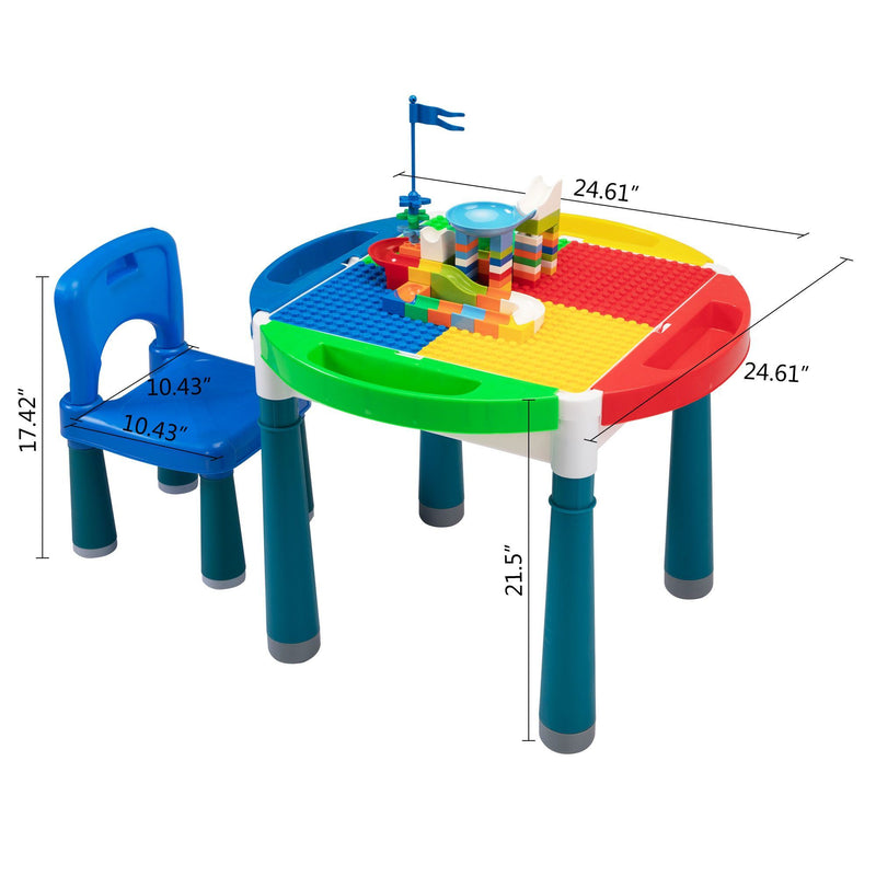 6-In-1 Multi Activity Plastic Table and 2 Chair Set;  Play Block Table with 71 PCS Compatible Big Building Bricks Toy for Toddlers;  Water Table;  Play Learn xh