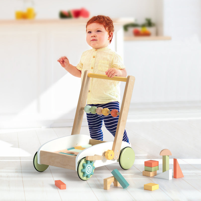 Wooden Baby Walker with Building Blocks; Push Toys for Babies Learning to Walk