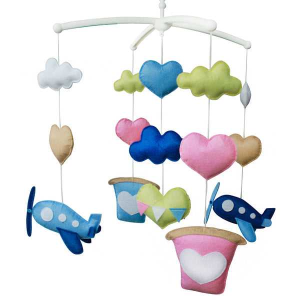 Blue Airplane and Pink Hearts Baby Musical Crib Mobile Handmade Infant Gift Boys Girls Nursery Room Decor