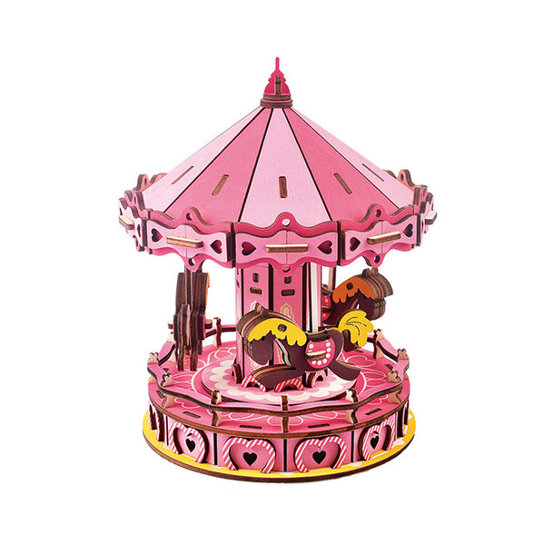 3D Wooden Puzzle Pink Childlike Carousel DIY Assembly Jigsaw Model Kit Home Decor Gift